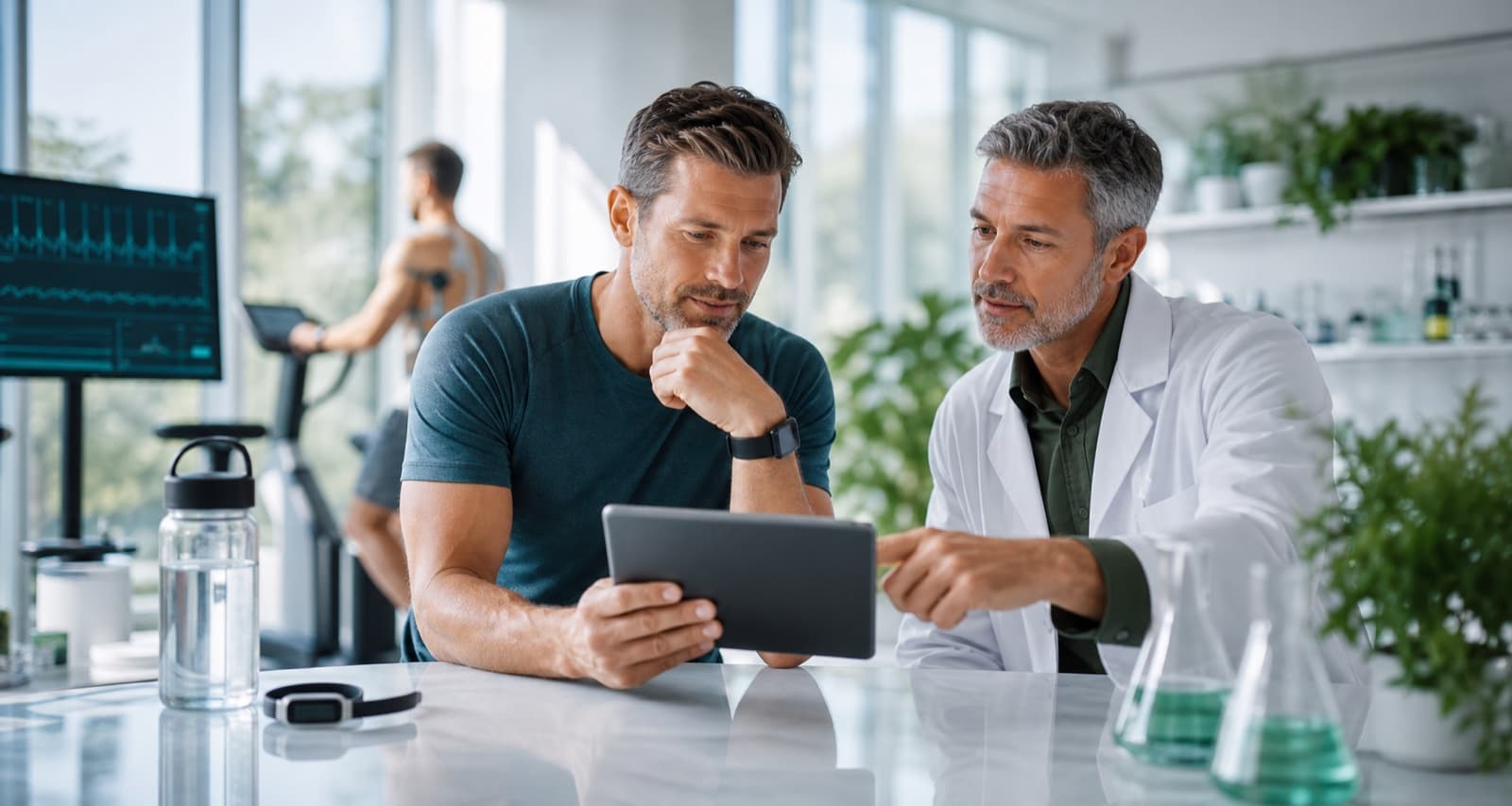 Clinician and patient reviewing longevity biomarkers in a modern health research setting